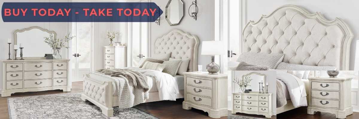 White bedroom furniture set with 'Buy Today, Take Today' banner.