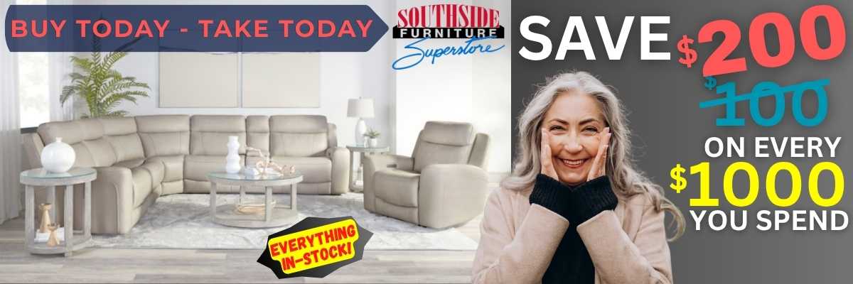 Advertisement for Southside Furniture with a couch, coffee table, and promotional text.