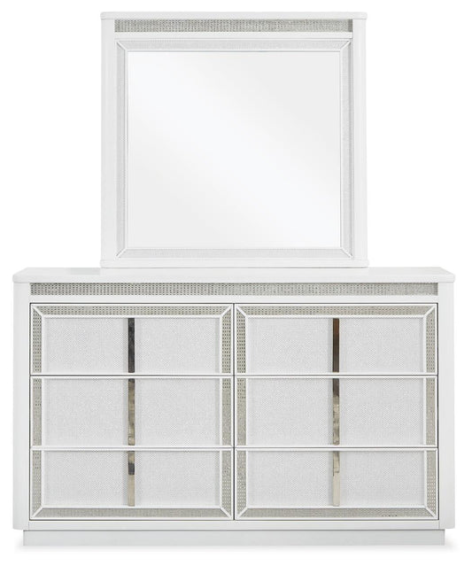Chalanna California King Upholstered Storage Bed, Dresser, Mirror and Nightstand