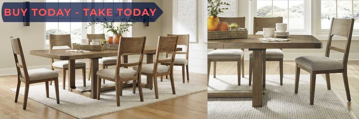 Dining room set with table and chairs in a home setting, featuring a promotional banner.