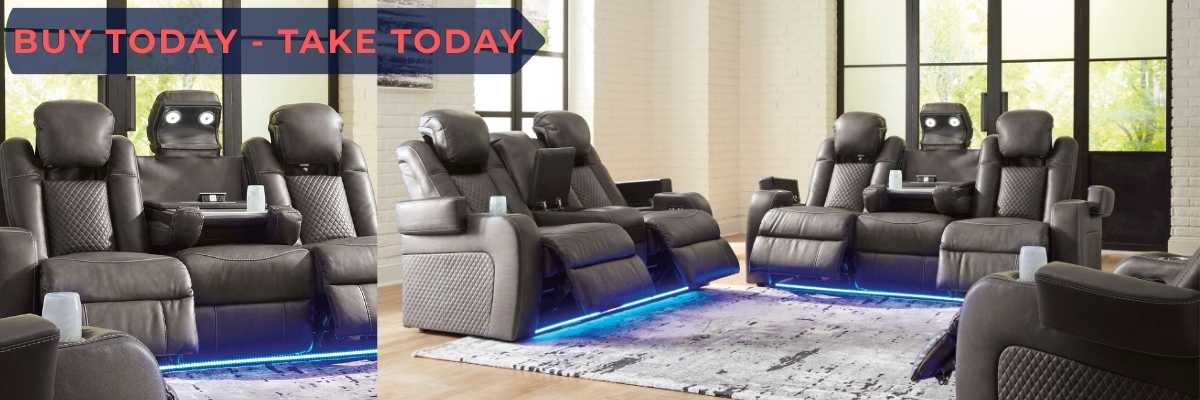 Two images of gray recliner chairs in a living room setting with promotional text at the top.