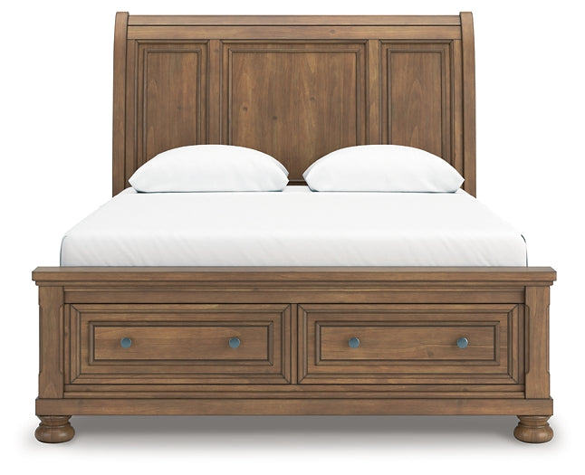 Feddinger Queen Storage Sleigh Bed with Mirrored Dresser and Nightstand