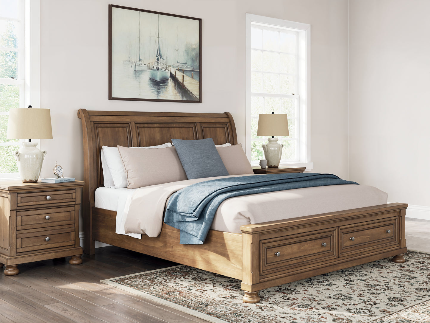 Feddinger California King Storage Sleigh Bed with Mirrored Dresser, Chest and Nightstand