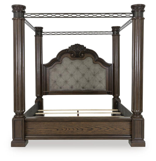 Maylee California King Canopy Bed, Dresser, Mirror, Chest and Nightstand