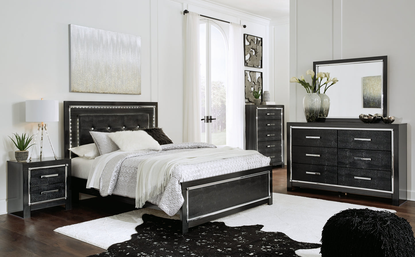 Kaydell Queen/Full Upholstered Panel Headboard with Mirrored Dresser and 2 Nightstands
