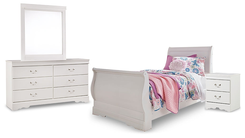 Anarasia Twin Sleigh Bed with Mirrored Dresser and Nightstand