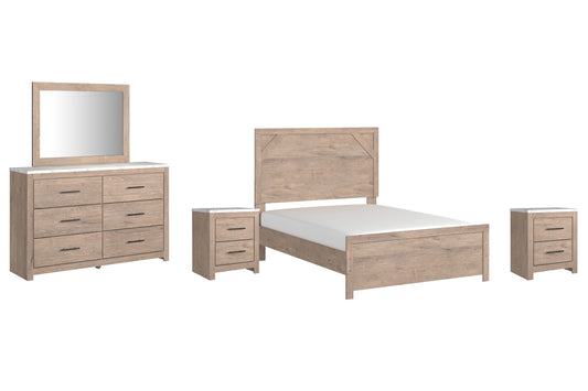 Senniberg Full Panel Bed with Mirrored Dresser and 2 Nightstands